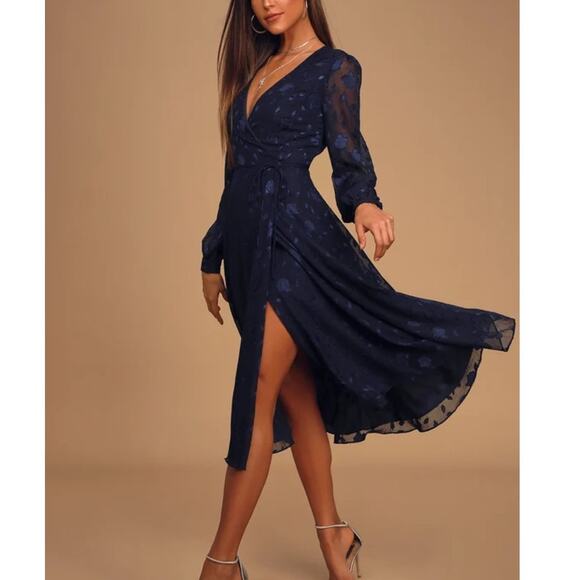 Lulus Evening of Elegance Navy Blue Floral Jacquard Wrap Midi Dress size Medium - Picture 4 of 10
